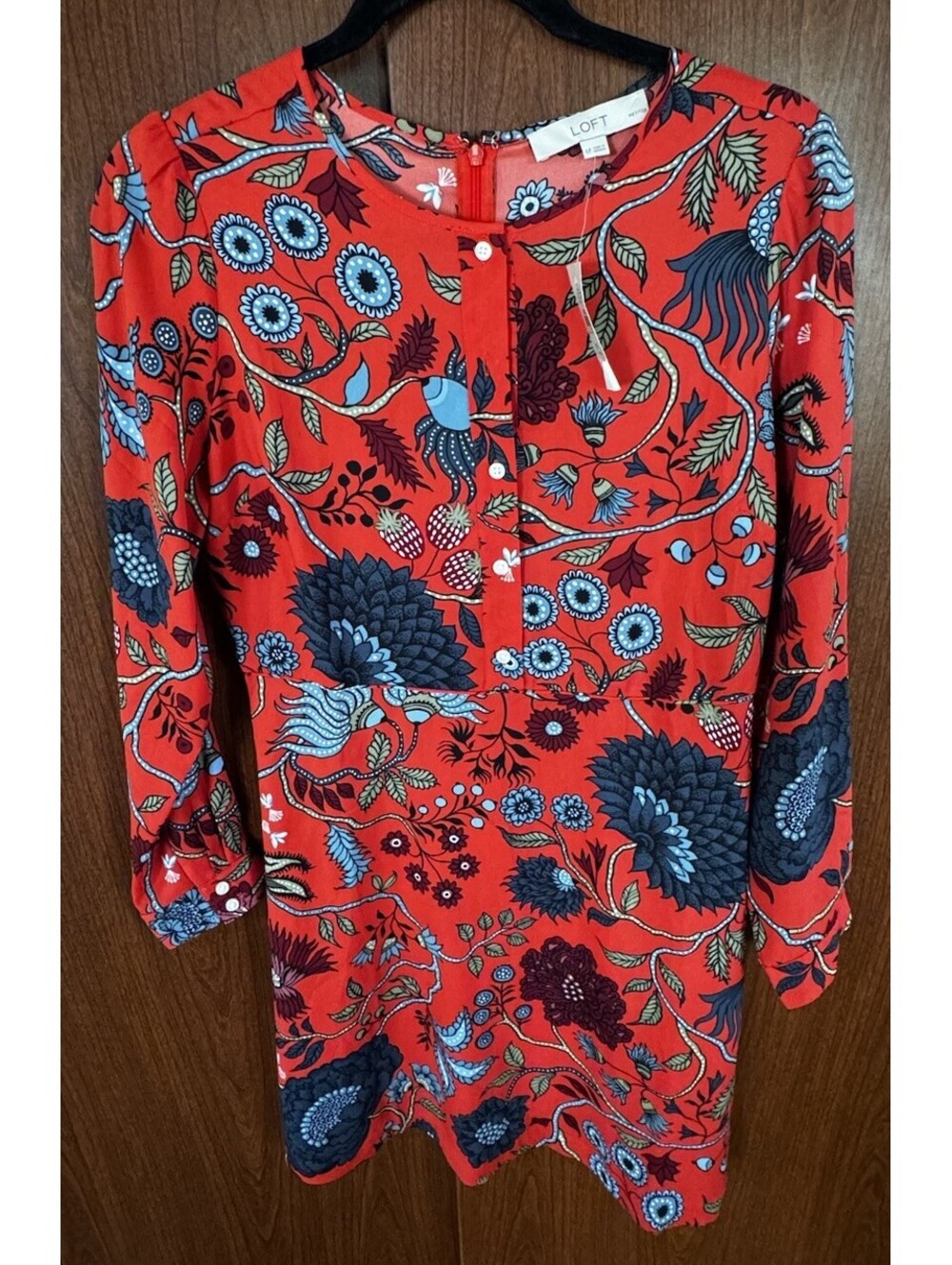 LOFT Women’s 6P Petite Red Floral Dress Long Sleeve Fit Flare NWT $89
